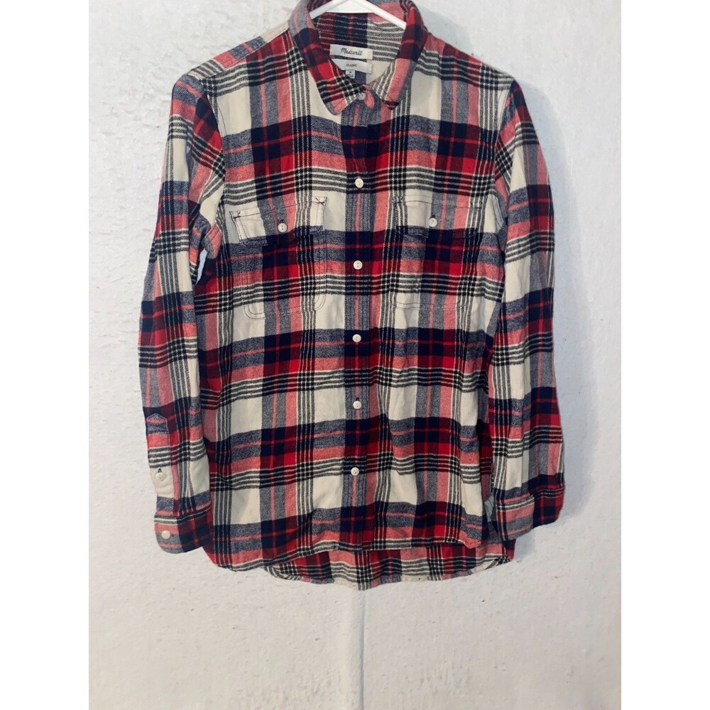 Madewell Button Up Plaid Shirt Womens Size Medium Blue Red Plaid Long Sleeve
